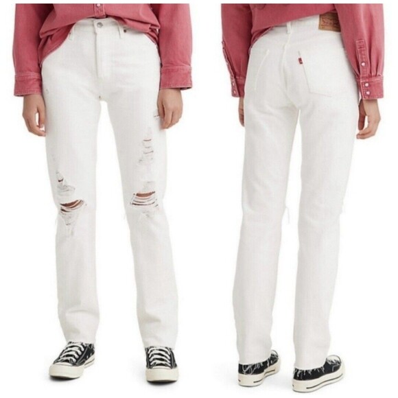 Levi's 501 Buttonfly High-Rise Women's White Distressed Raw Hem Jeans Size 29x32 - Picture 1 of 16